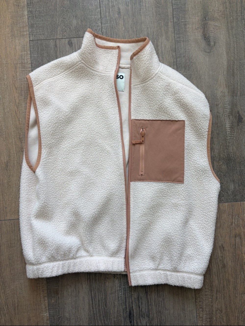 SO Cream Sherpa Vest with Tan Trim